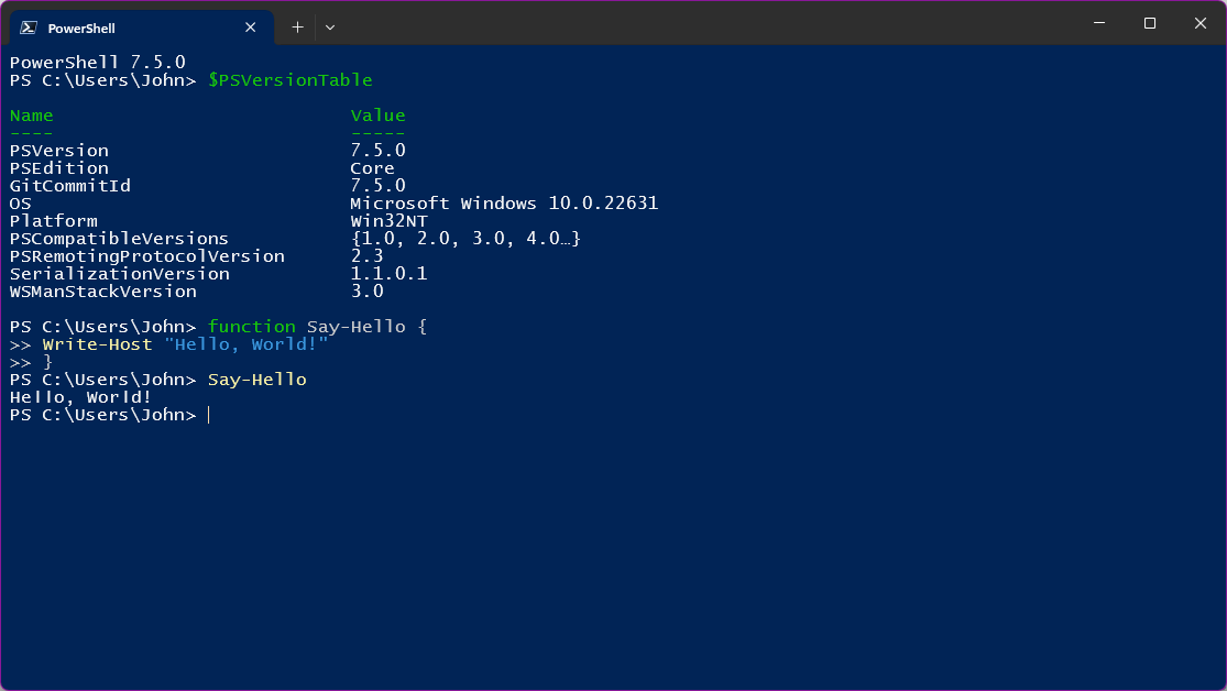 Une fenêtre du Terminal Windows avec PowerShell, et une invite PS C:\Users\…>.